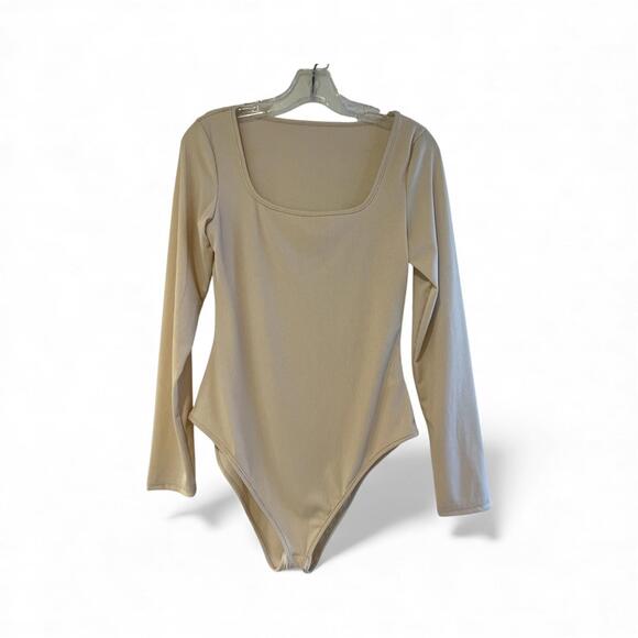Other - Beige Long Sleeve Women's Bodysuit Square‎ Neck Minimalist Sexy Size L